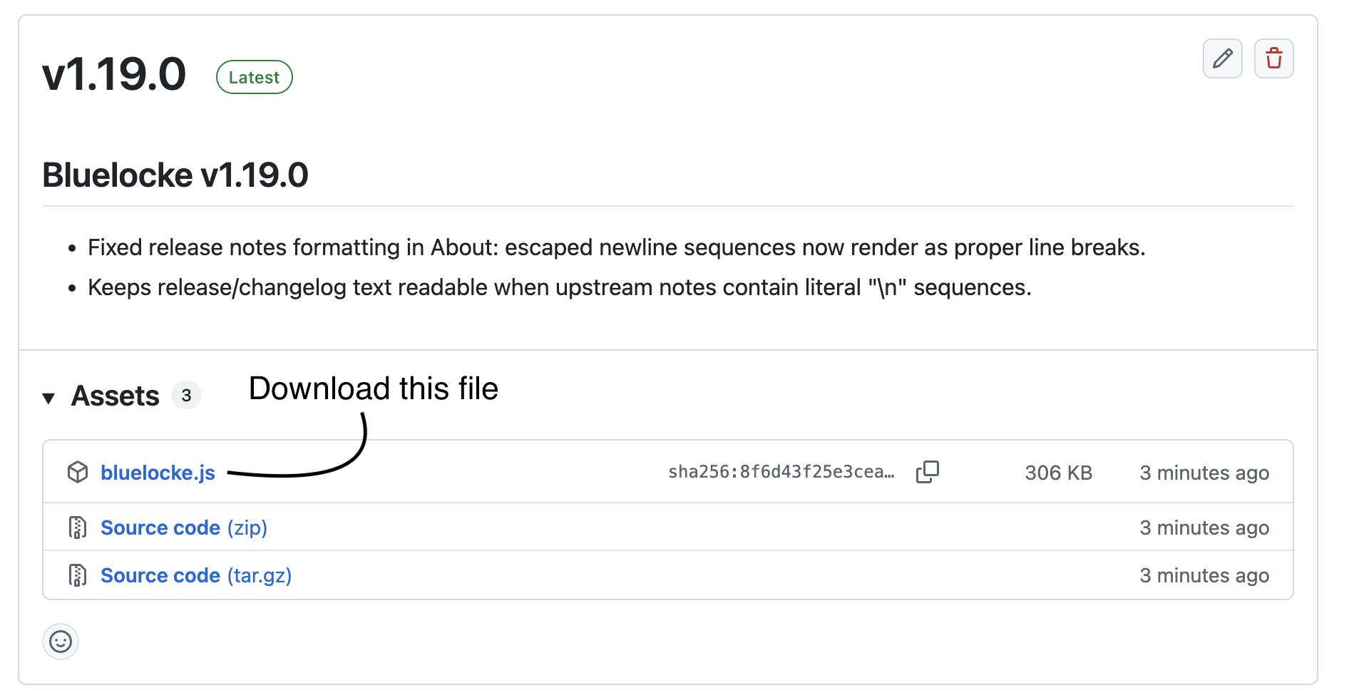 GitHub release page showing the bluelocke.js file in release assets